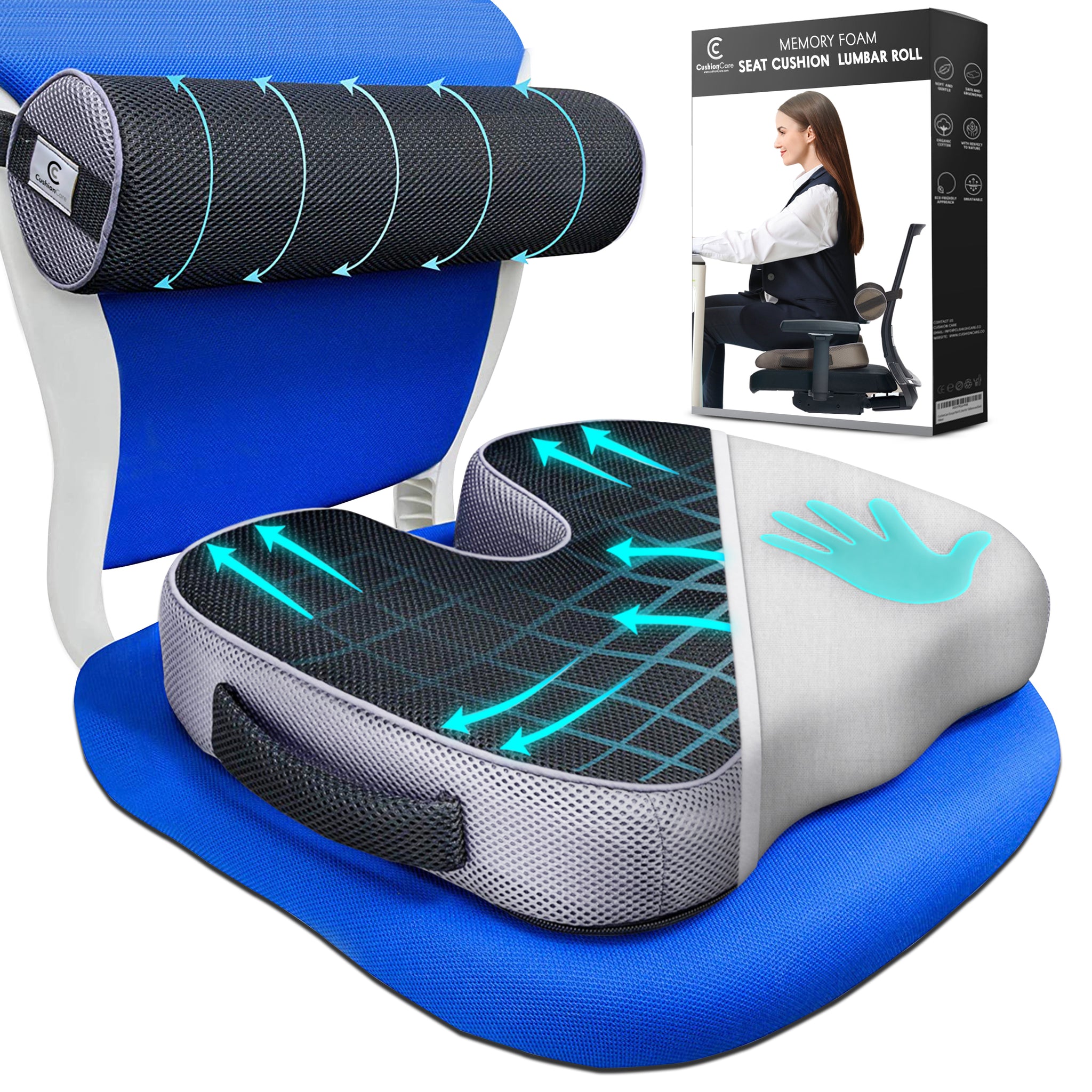 Seat Cushion and Lumbar Roll Combo for Office Chair CushionCare