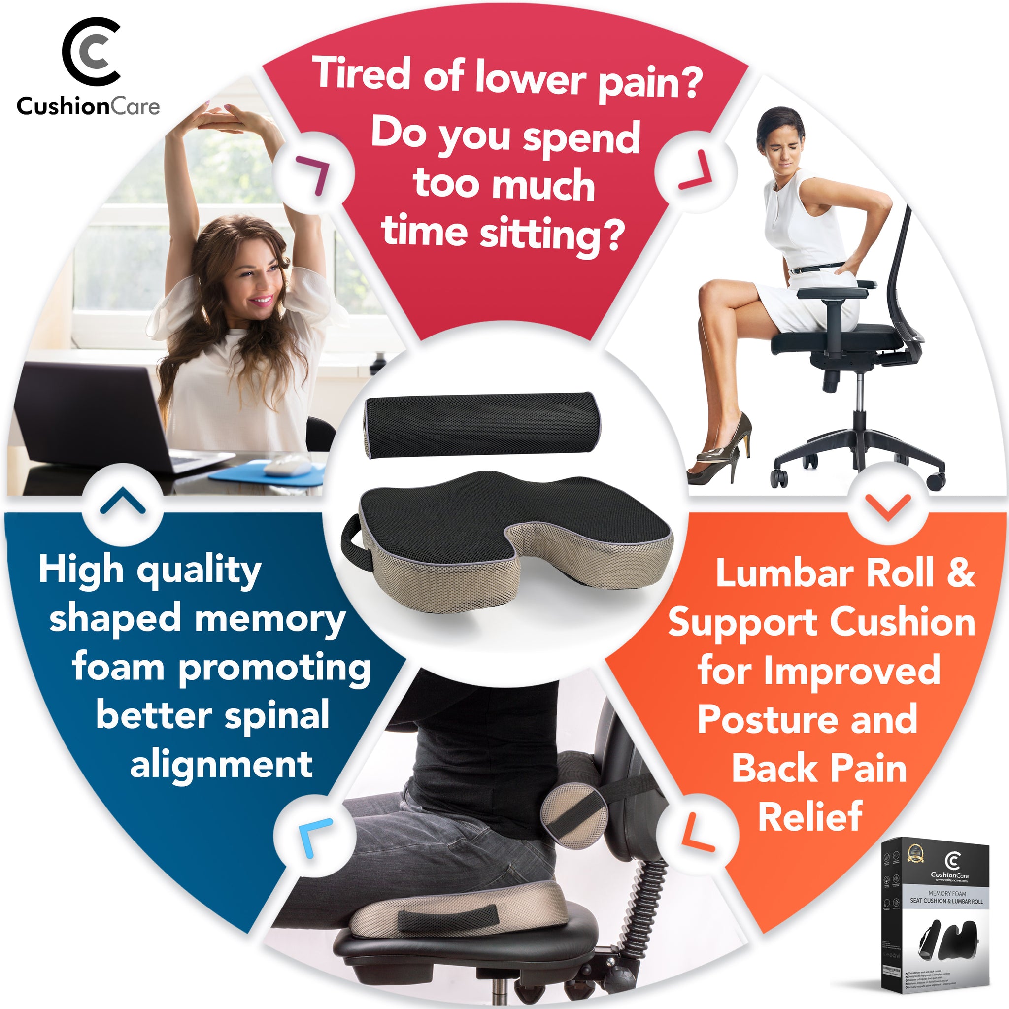 Seat Cushion and Lumbar Roll Combo for Office Chair – CushionCare